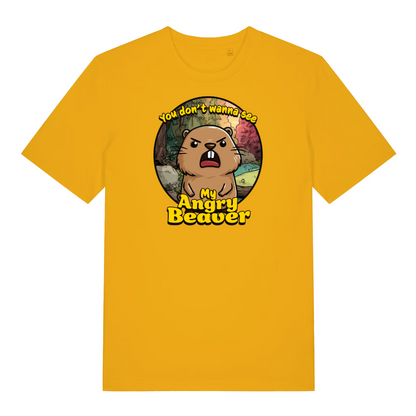 yellow funny animal t-shirt with the graphic of a beaver and the slogan 'you don't wanna see my angry beaver'