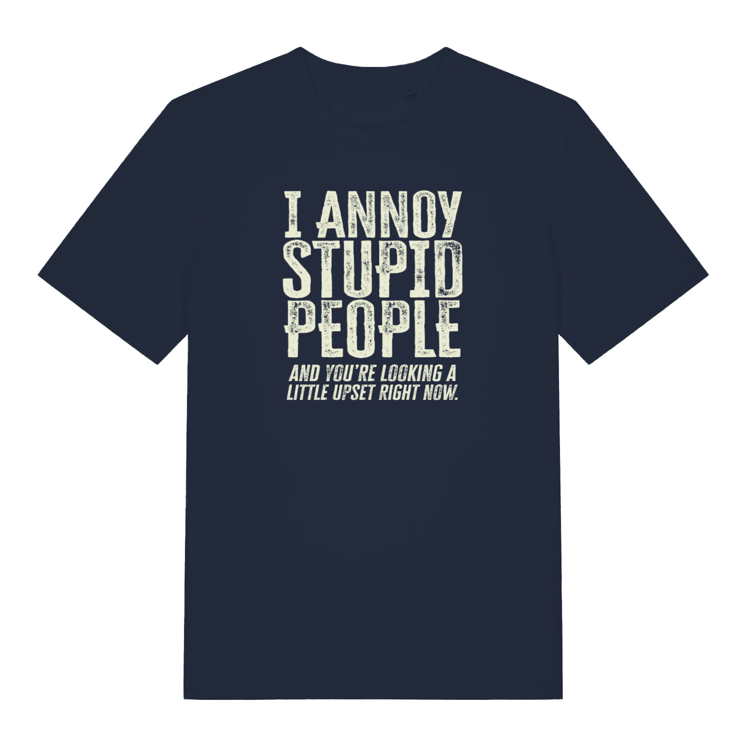 navy women's funny slogan t-shirt with the text ' i annoy stupid people and you're looking a little upset right now'