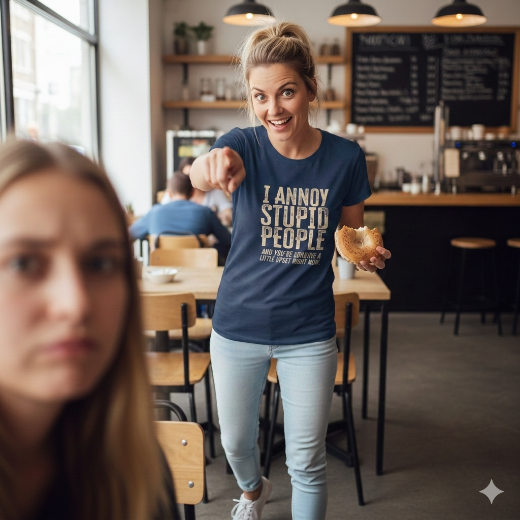 Woman in a cafe wearing a shirt with humorous text, pointing at another person.