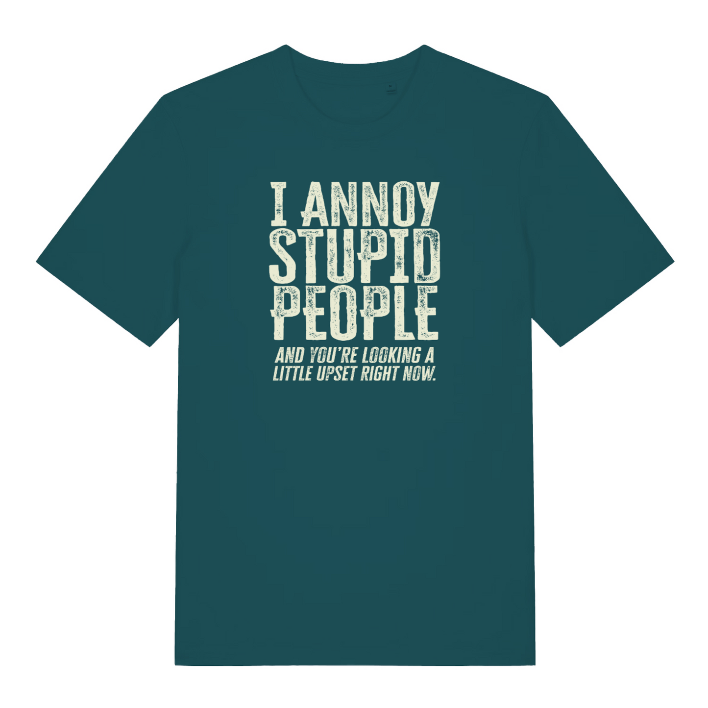 teal women's funny slogan t-shirt with the text ' i annoy stupid people and you're looking a little upset right now'