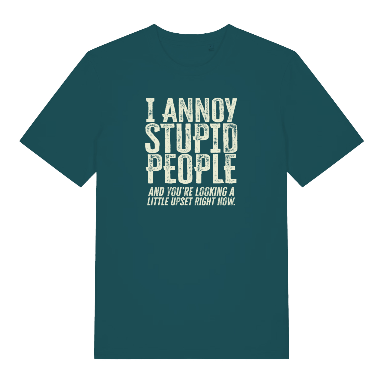 teal women's funny slogan t-shirt with the text ' i annoy stupid people and you're looking a little upset right now'