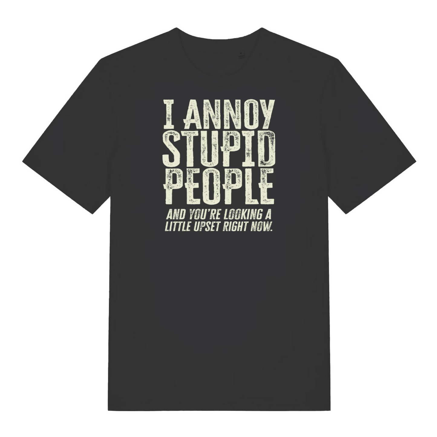 black funny slogan t-shirt with the text ' I annoy stupid people and you're looking a little upset now'