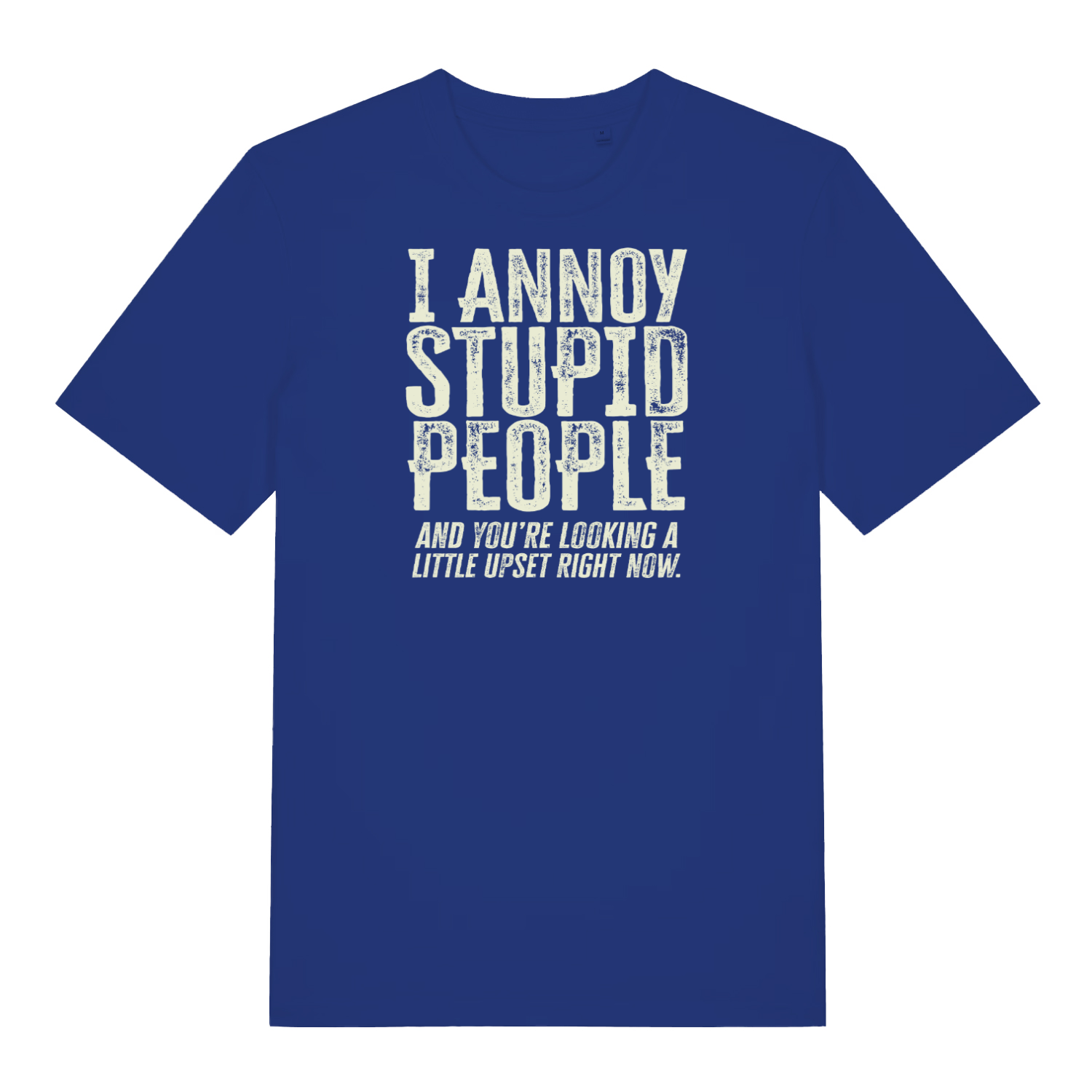 blue funny slogan t-shirt with the text ' I annoy stupid people and you're looking a little upset now'