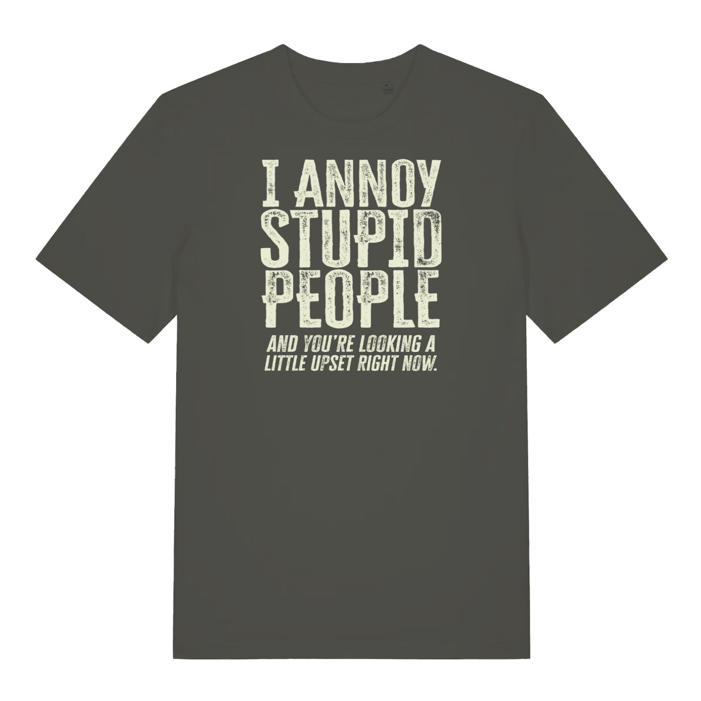 khaki funny slogan t-shirt with the text ' I annoy stupid people and you're looking a little upset now'