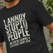 Black humorous slogan t-shirt with white text 