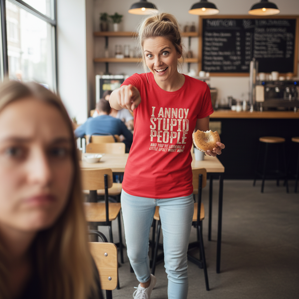 woman stood pointing at a lady whilst wearing a red slogan t-shirt that reads 'i annoy stupid people and you're looking a little upset right now'