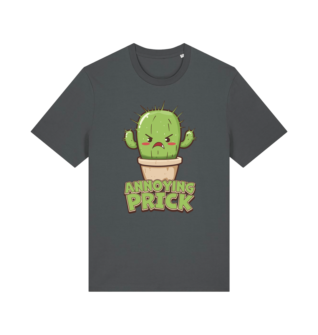 Anthracite funny t-shirt with a kawaii cartoon cactus and the slogan Annoying Prick
