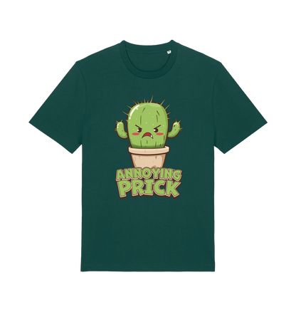 Green funny t-shirt with a kawaii cartoon cactus and the slogan Annoying Prick