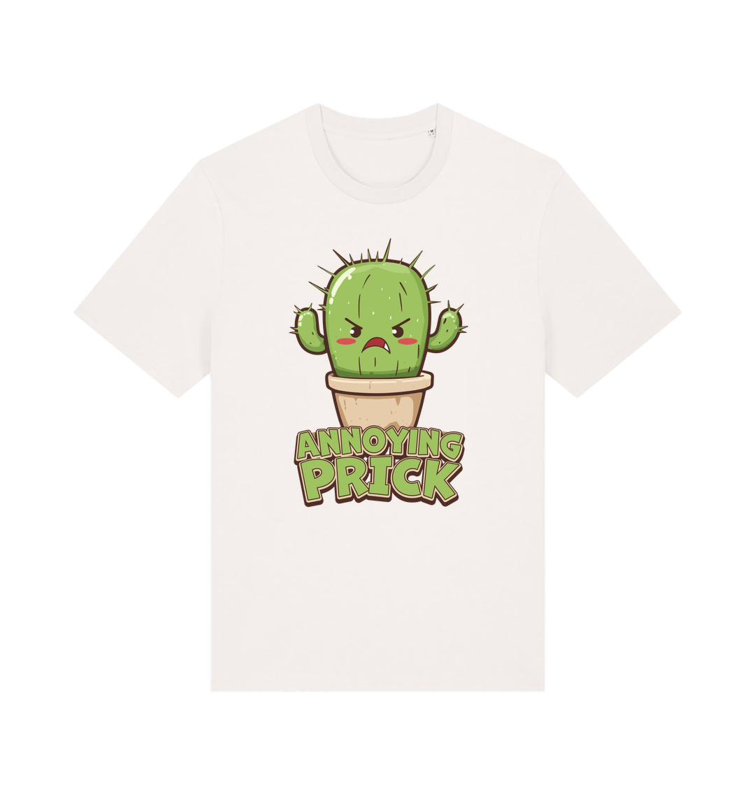 White funny t-shirt with a kawaii cartoon cactus and the slogan Annoying Prick