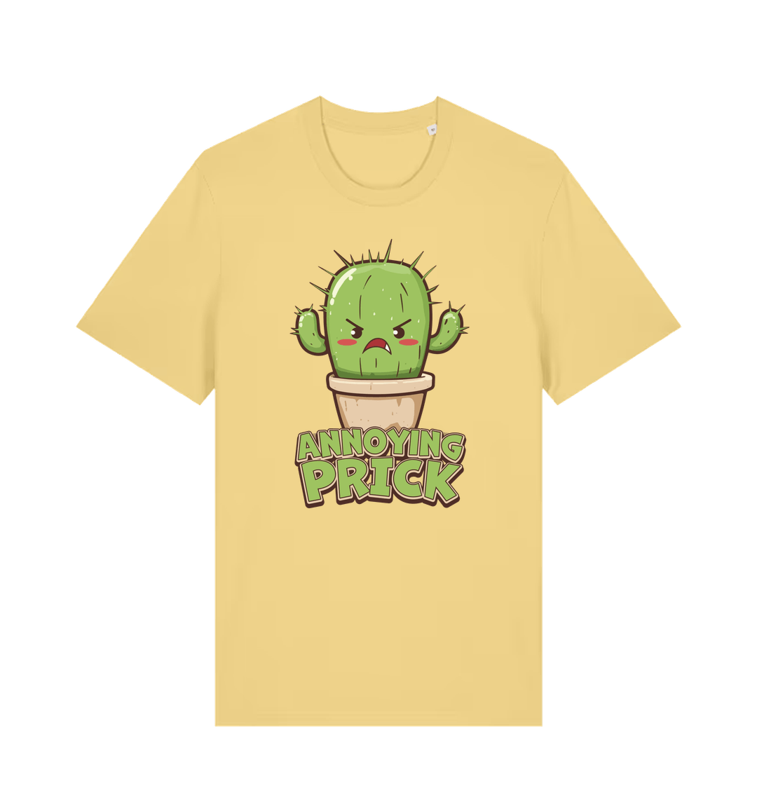 Yellow funny t-shirt with a kawaii cartoon cactus and the slogan Annoying Prick