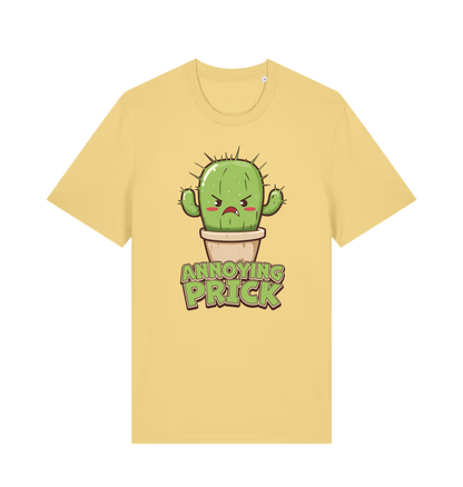 Yellow funny t-shirt with a kawaii cartoon cactus and the slogan Annoying Prick