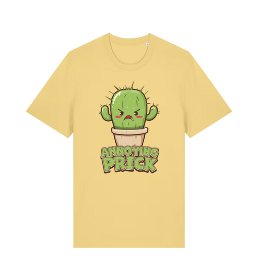 Yellow funny t-shirt with a kawaii cartoon cactus and the slogan Annoying Prick