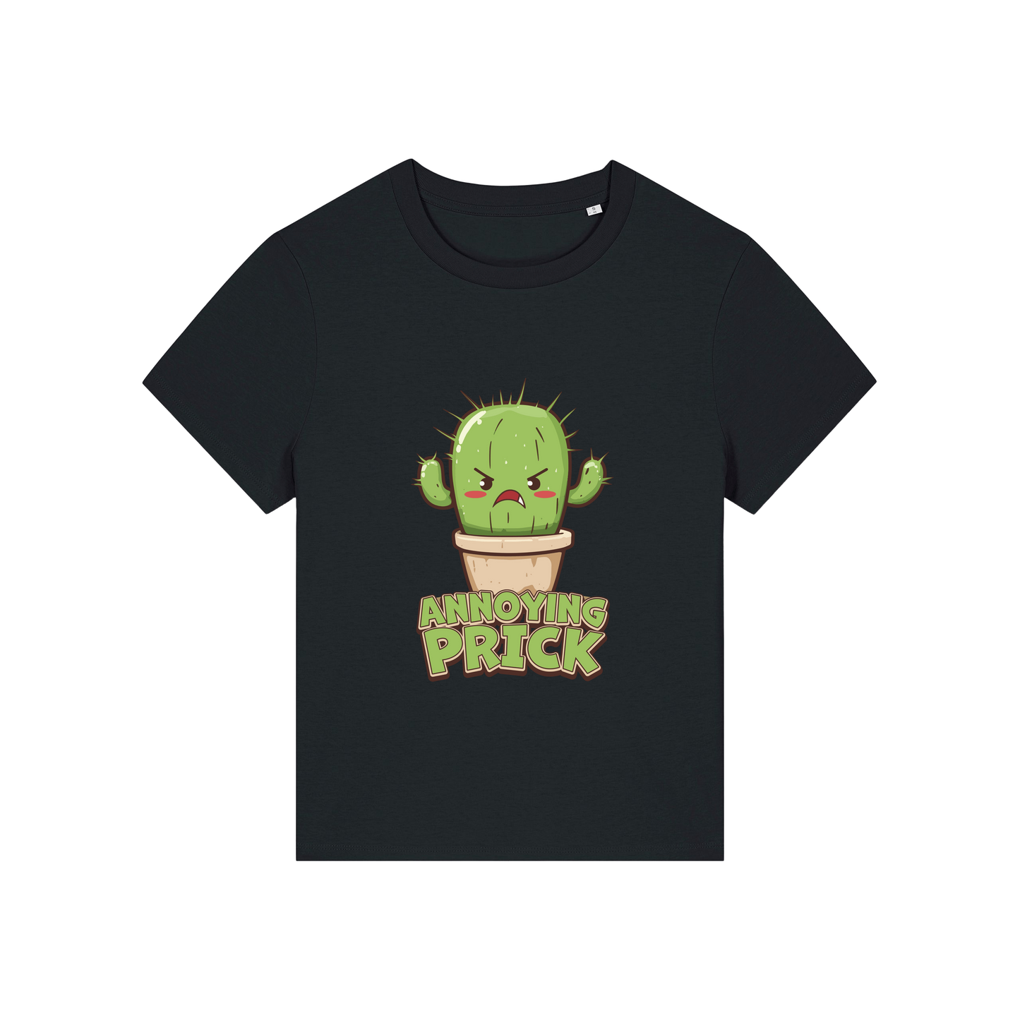 black funny offensive t-shirt with the graphic of a cactus and the slogan 'annoying prick'
