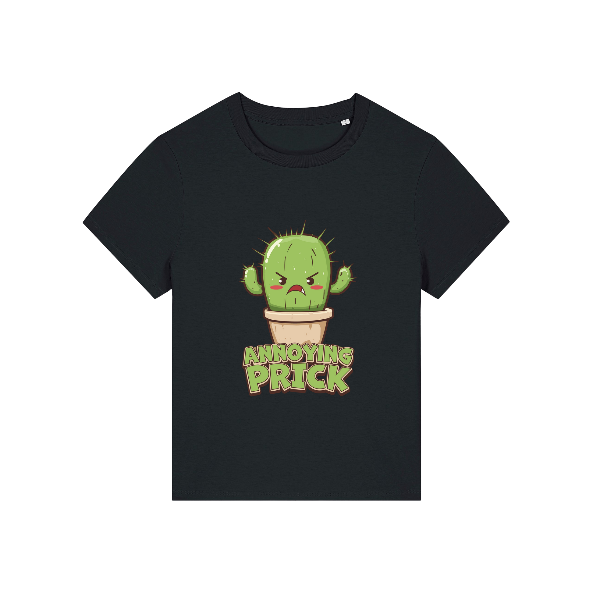 black funny offensive t-shirt with the graphic of a cactus and the slogan 'annoying prick'