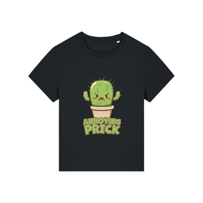 black funny offensive t-shirt with the graphic of a cactus and the slogan 'annoying prick'