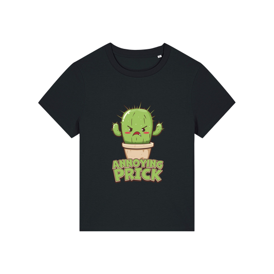 black funny offensive t-shirt with the graphic of a cactus and the slogan 'annoying prick'
