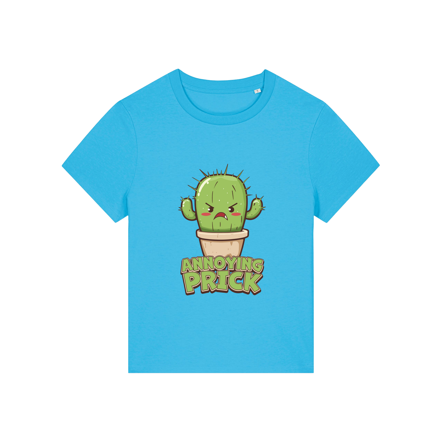 blue funny offensive t-shirt with the graphic of a cactus and the slogan 'annoying prick'