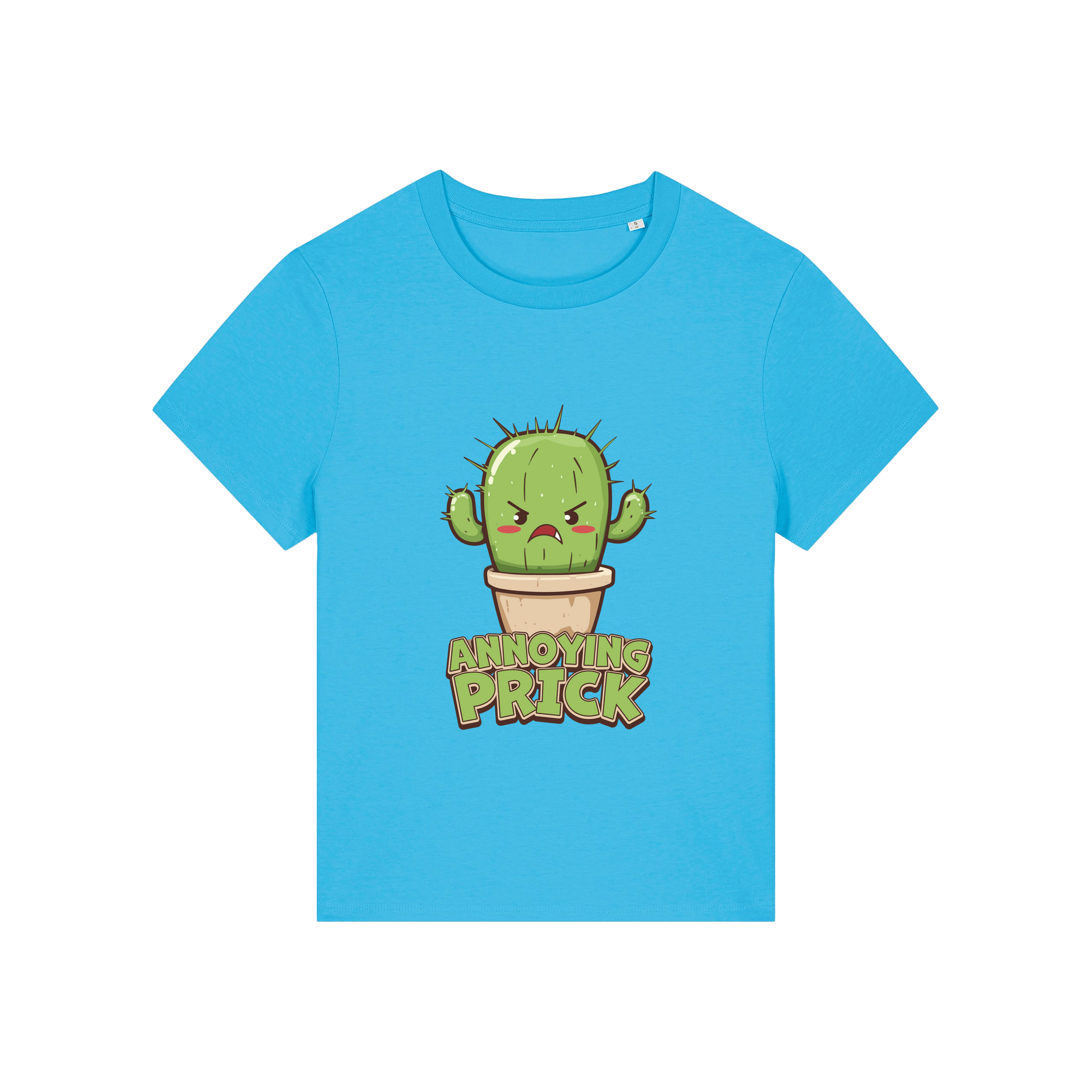 blue funny offensive t-shirt with the graphic of a cactus and the slogan 'annoying prick'