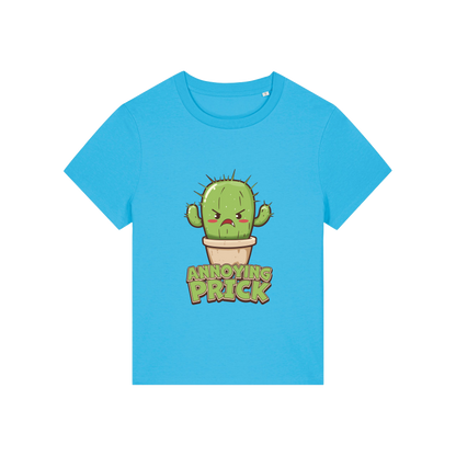 blue funny offensive t-shirt with the graphic of a cactus and the slogan 'annoying prick'