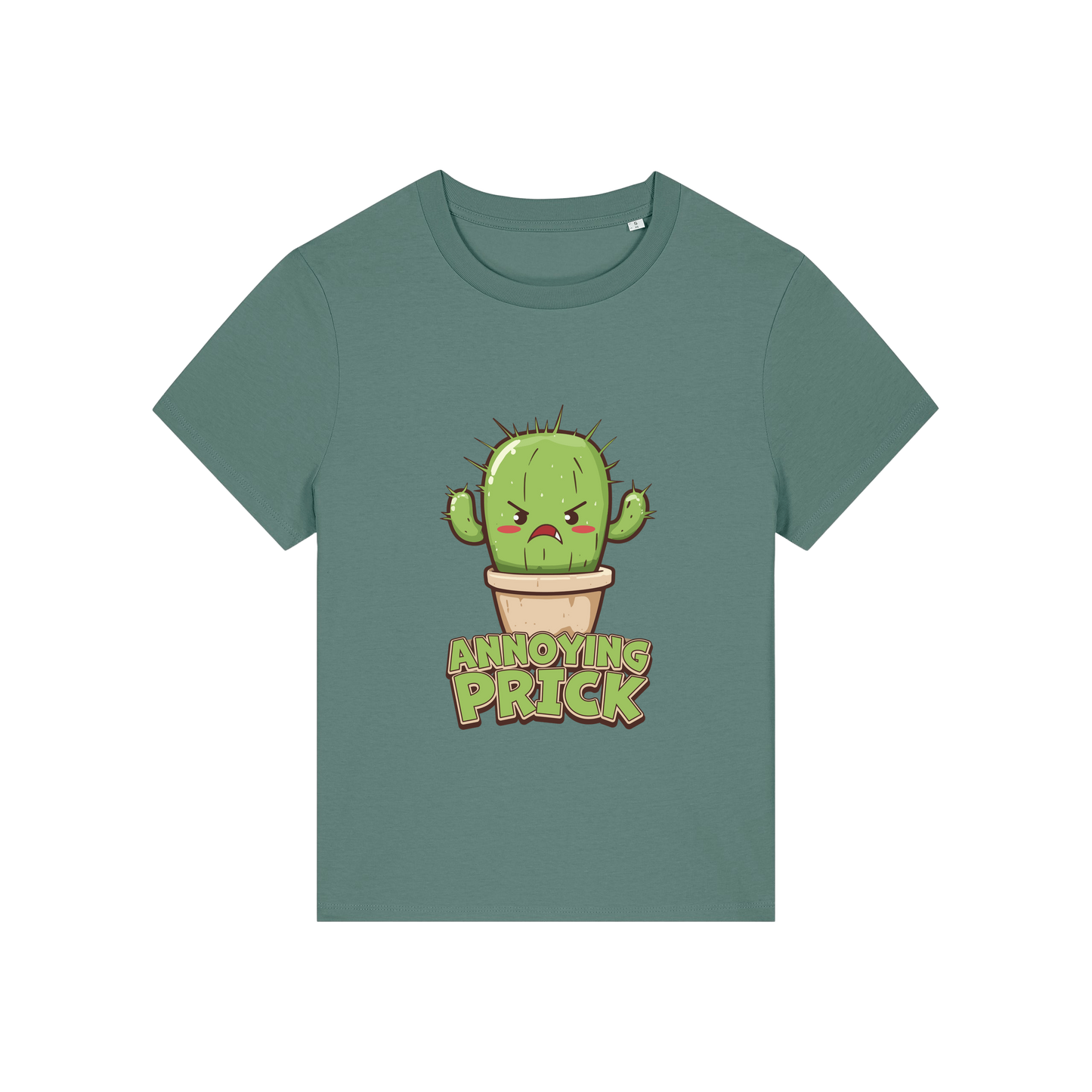 green funny offensive t-shirt with the graphic of a cactus and the slogan 'annoying prick'