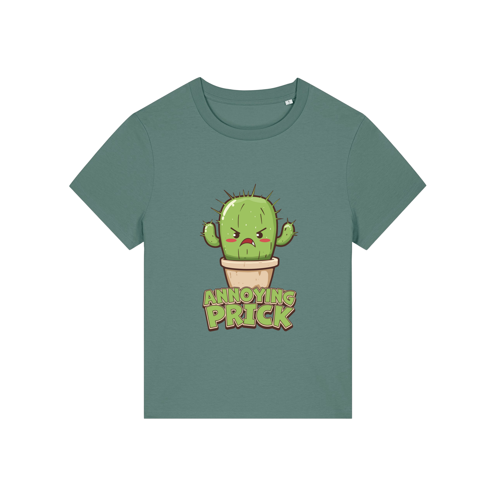 green funny offensive t-shirt with the graphic of a cactus and the slogan 'annoying prick'