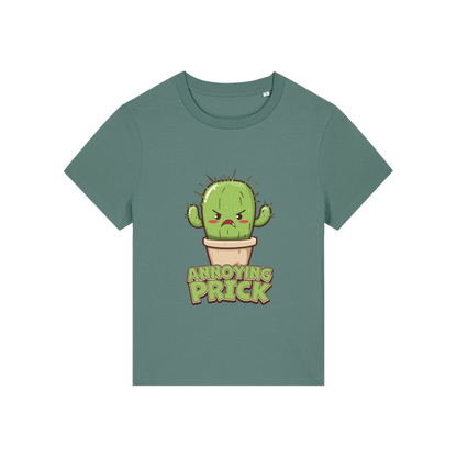 green funny offensive t-shirt with the graphic of a cactus and the slogan 'annoying prick'