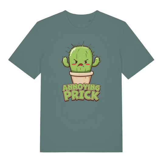 green women's funny offensive graphic t-shirt with the graphic of a cactus and the words 'annoying prick'