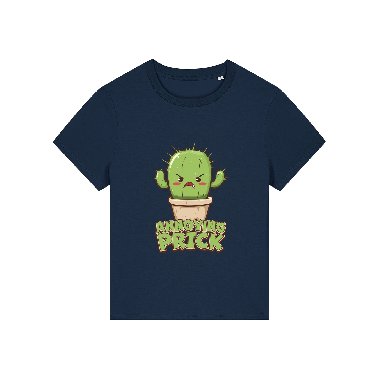 navy funny offensive t-shirt with the graphic of a cactus and the slogan 'annoying prick'