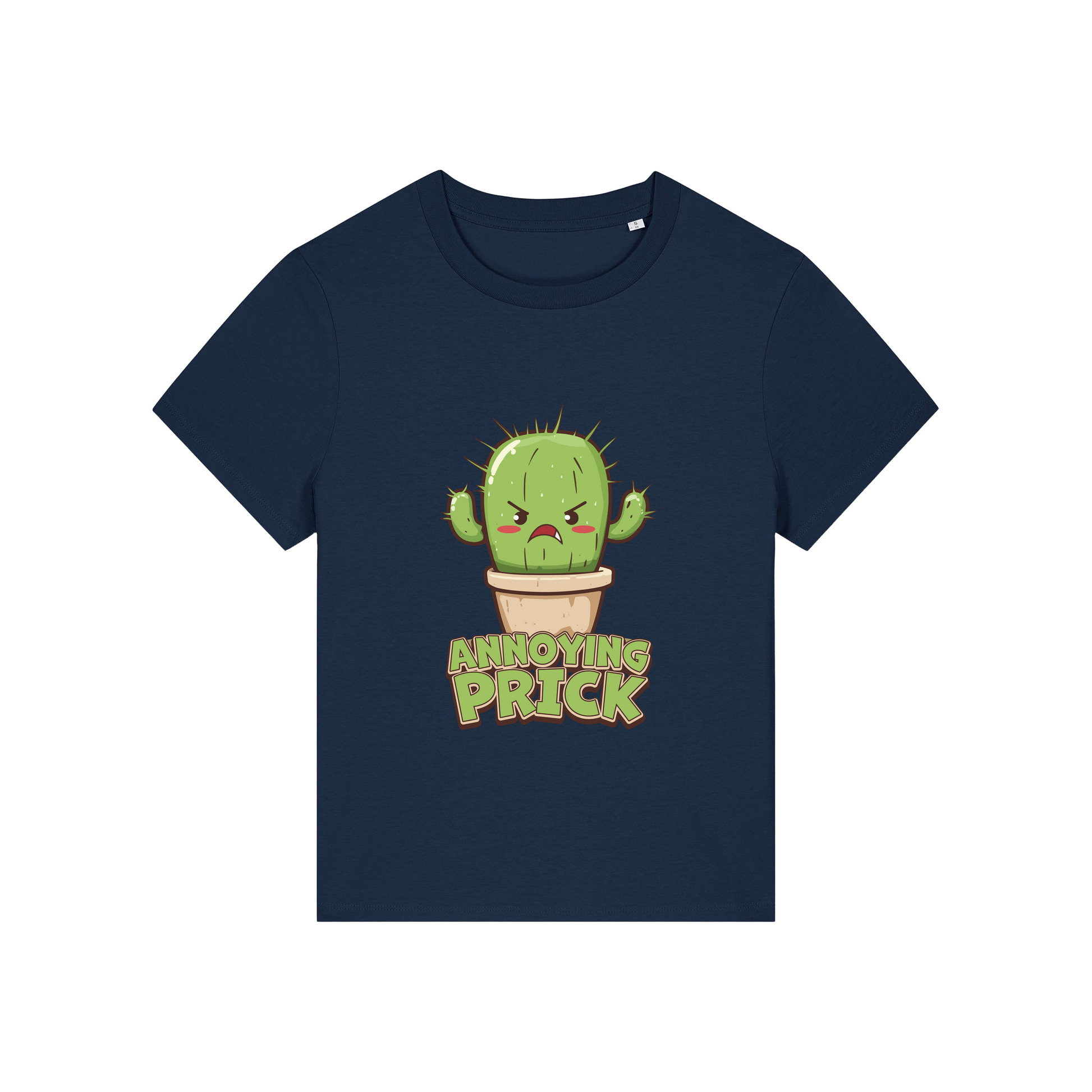 navy funny offensive t-shirt with the graphic of a cactus and the slogan 'annoying prick'