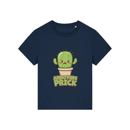 navy funny offensive t-shirt with the graphic of a cactus and the slogan 'annoying prick'