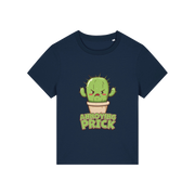 navy funny offensive t-shirt with the graphic of a cactus and the slogan 'annoying prick'
