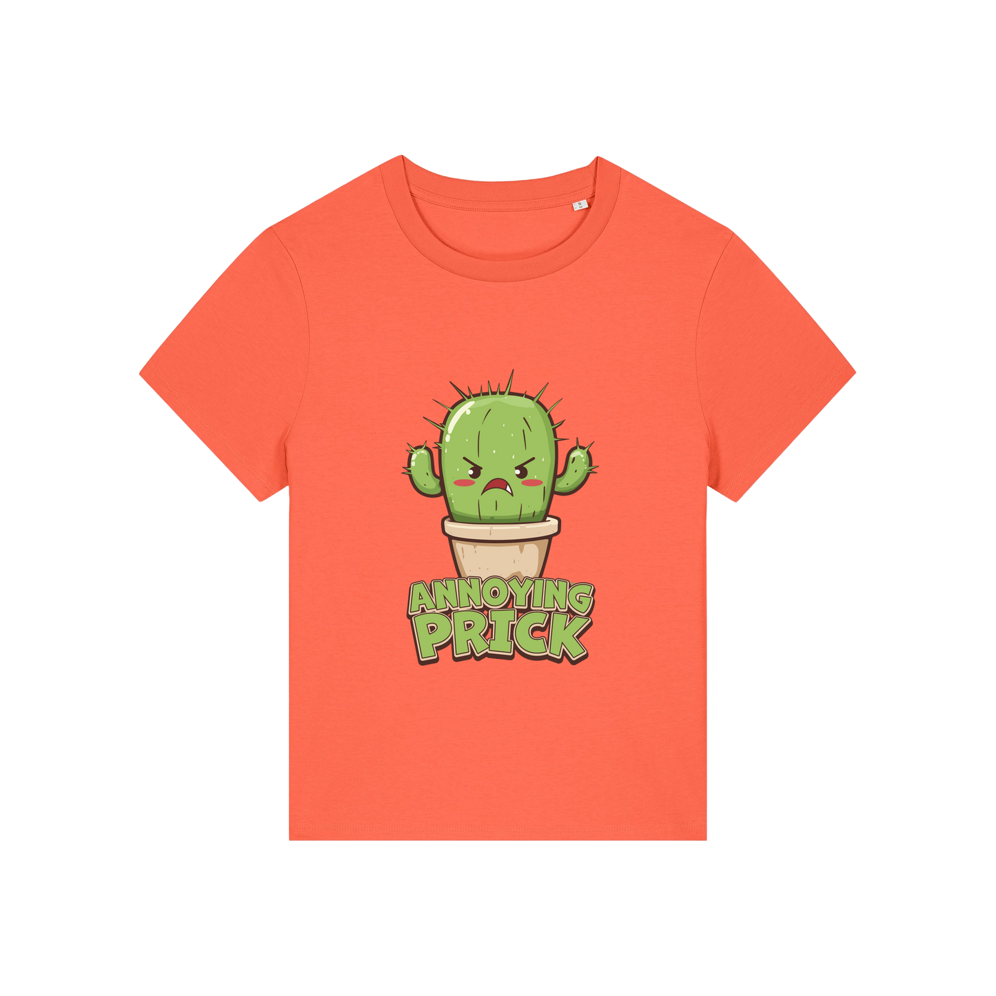 orange funny offensive t-shirt with the graphic of a cactus and the slogan 'annoying prick'