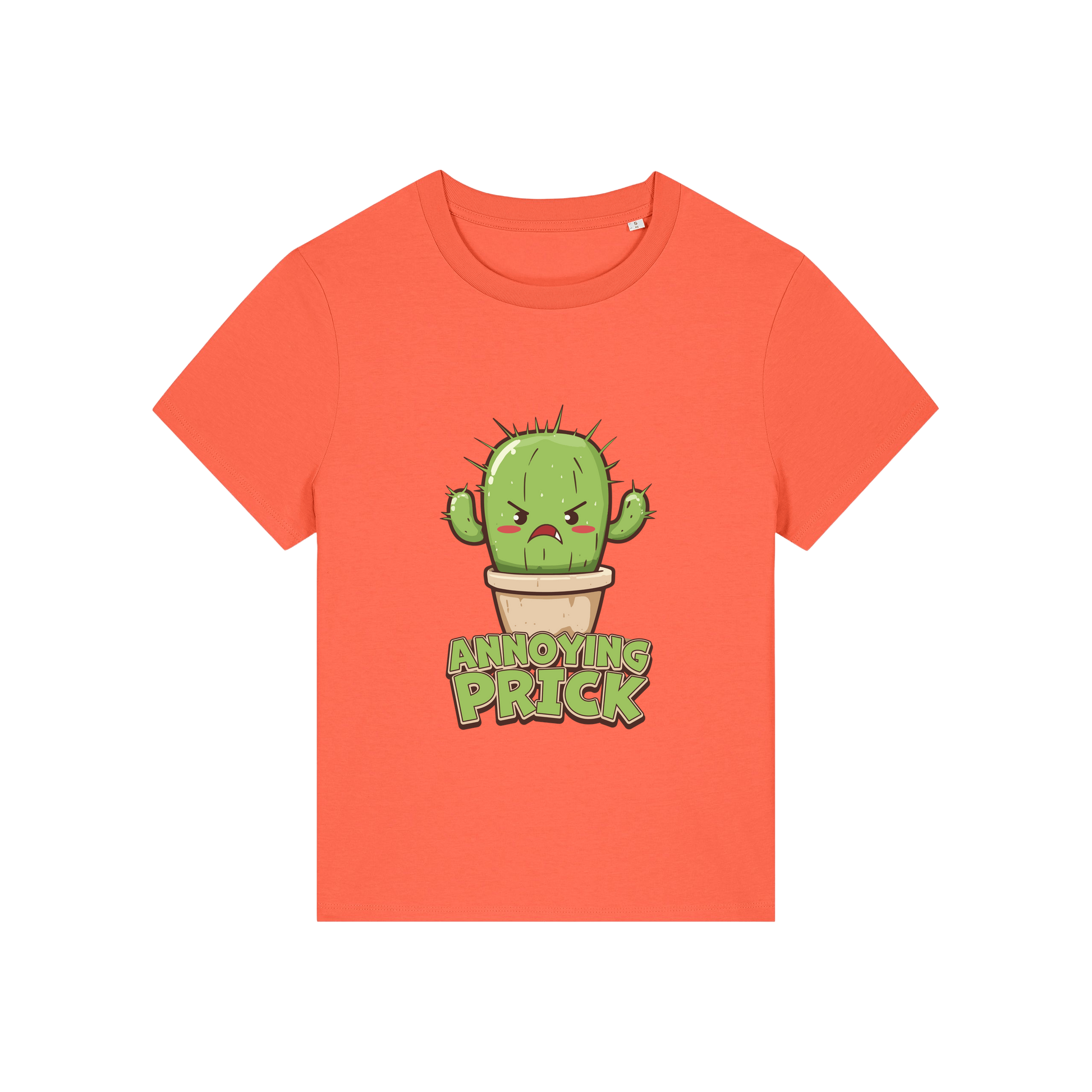orange funny offensive t-shirt with the graphic of a cactus and the slogan 'annoying prick'