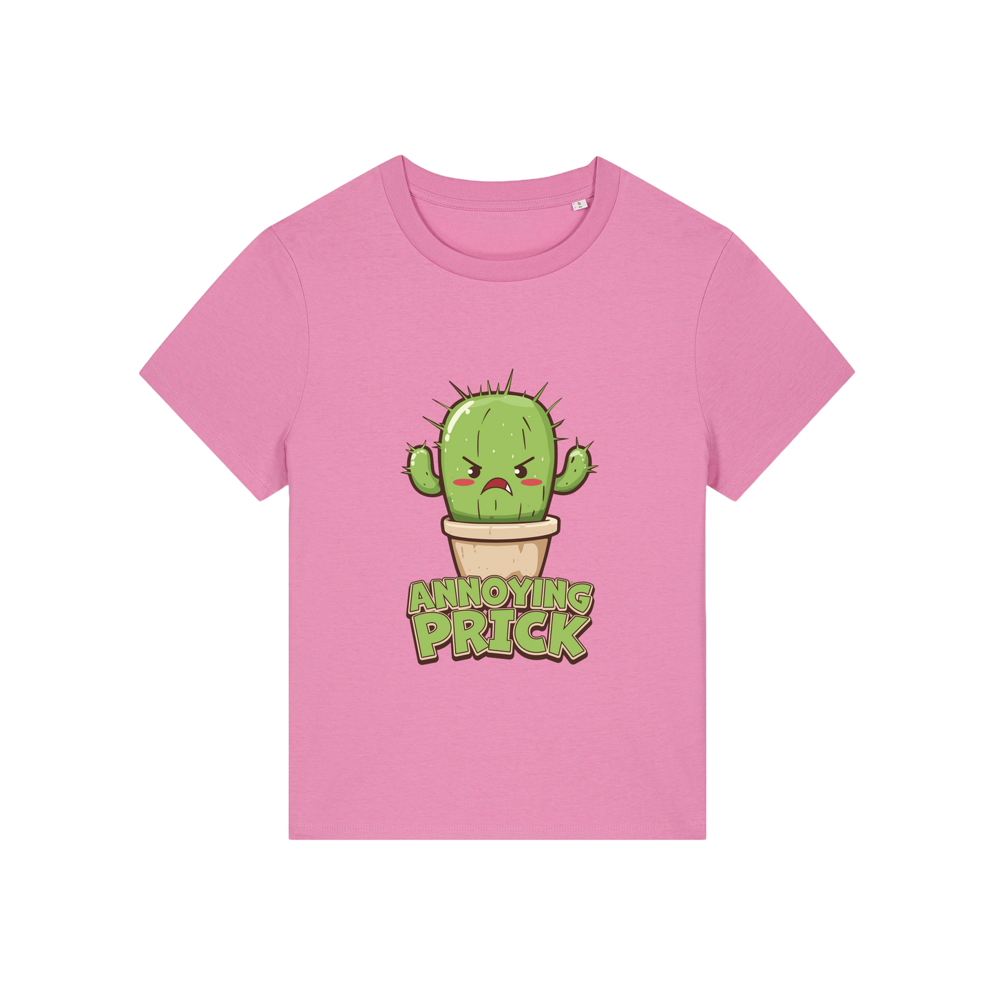 pink funny offensive t-shirt with the graphic of a cactus and the slogan 'annoying prick'