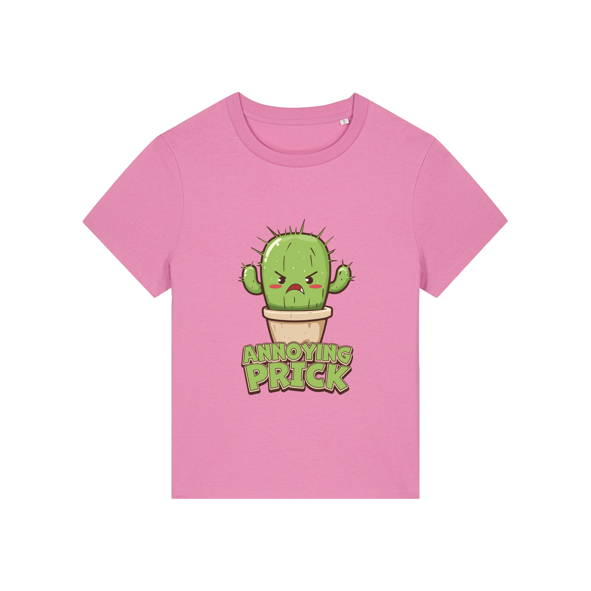 pink funny offensive t-shirt with the graphic of a cactus and the slogan 'annoying prick'