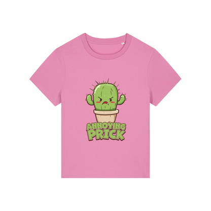 pink funny offensive t-shirt with the graphic of a cactus and the slogan 'annoying prick'