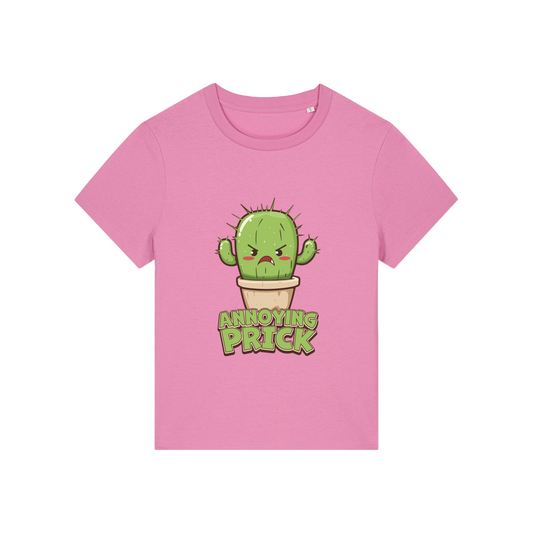 pink funny offensive t-shirt with the graphic of a cactus and the slogan 'annoying prick'