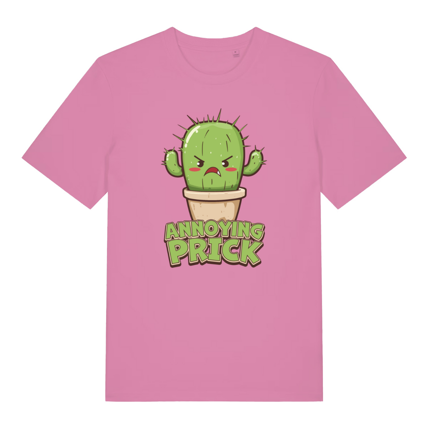 pink women's funny offensive graphic t-shirt with the graphic of a cactus and the words 'annoying prick'