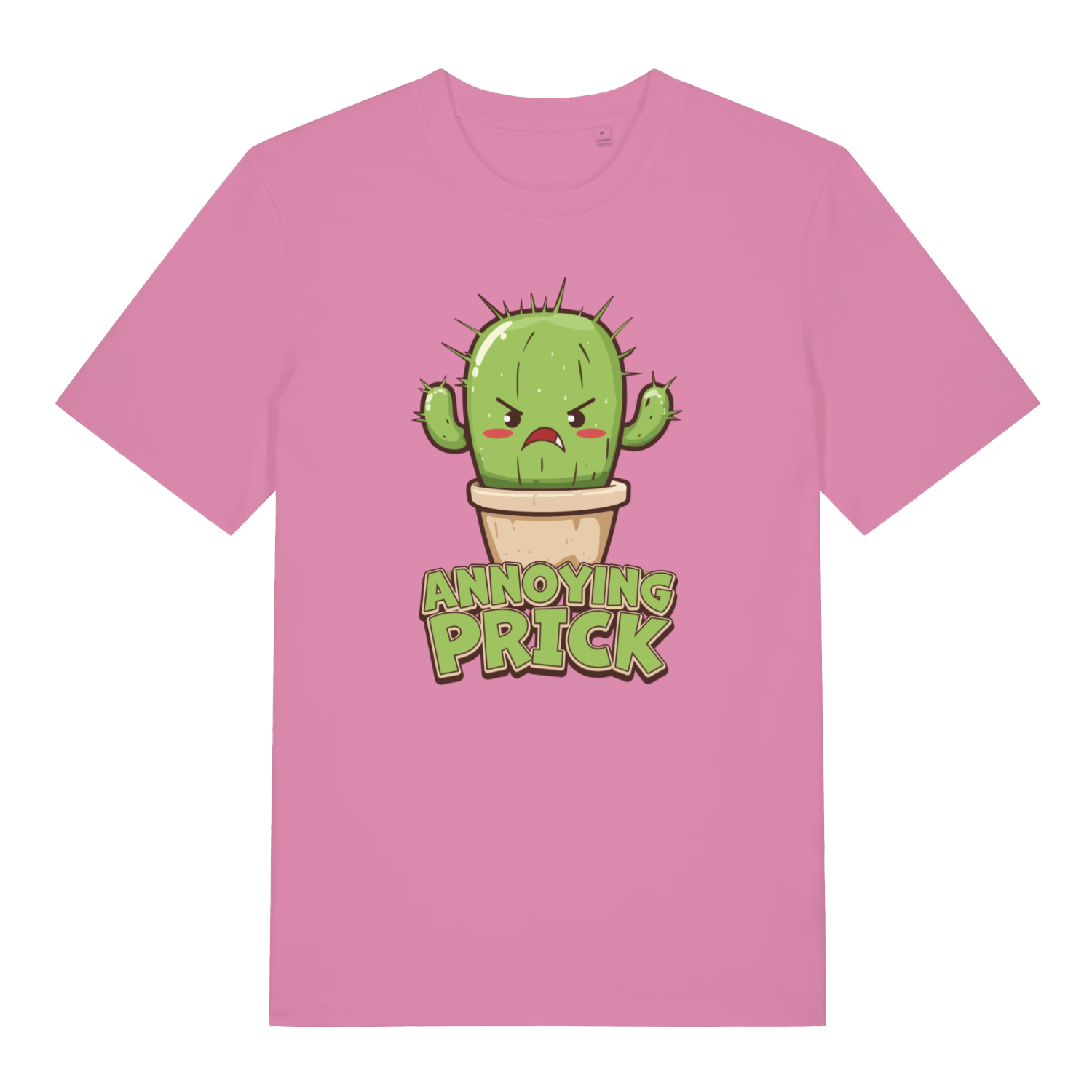 pink women's funny offensive graphic t-shirt with the graphic of a cactus and the words 'annoying prick'