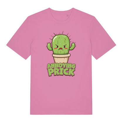 pink women's funny offensive graphic t-shirt with the graphic of a cactus and the words 'annoying prick'