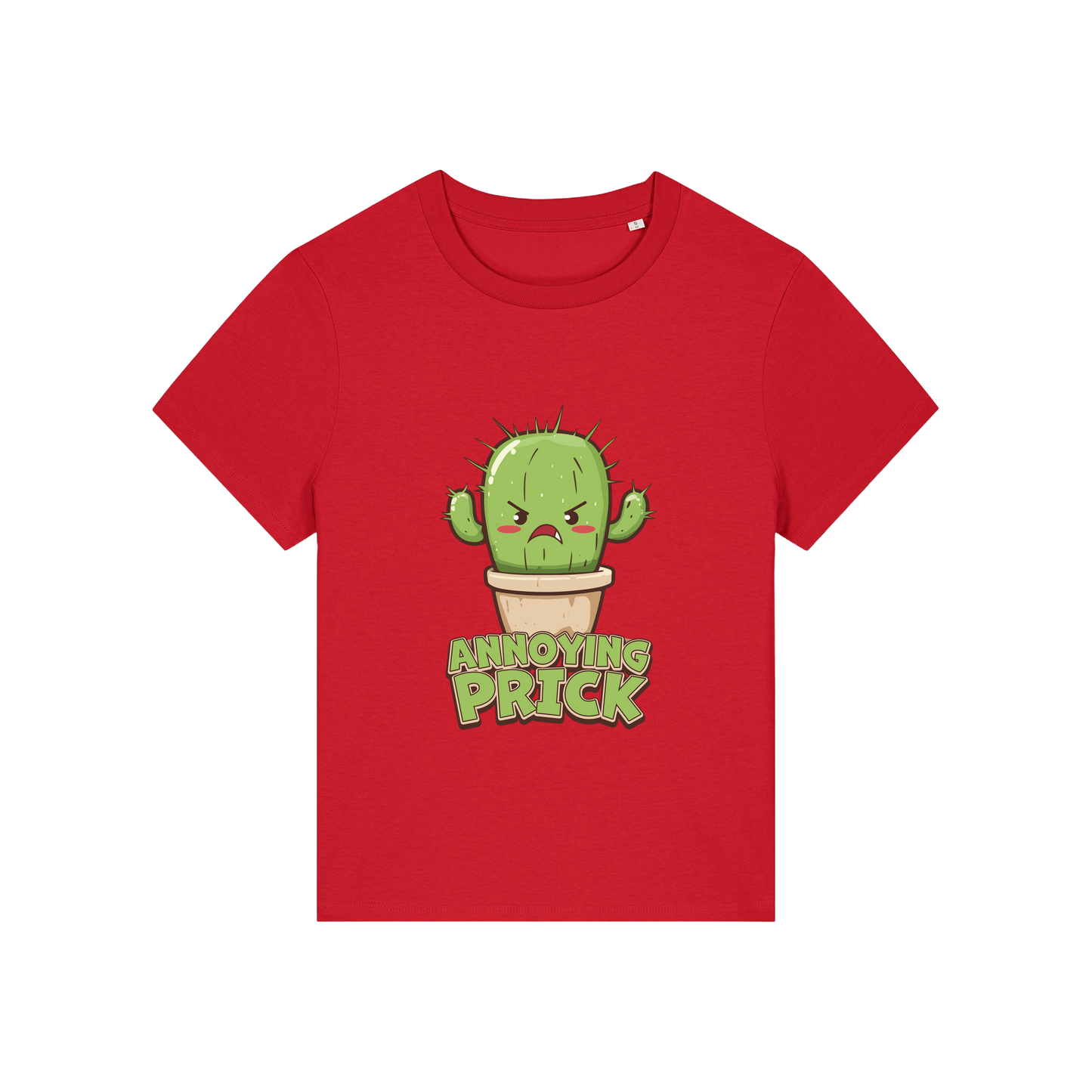 red funny offensive t-shirt with the graphic of a cactus and the slogan 'annoying prick'