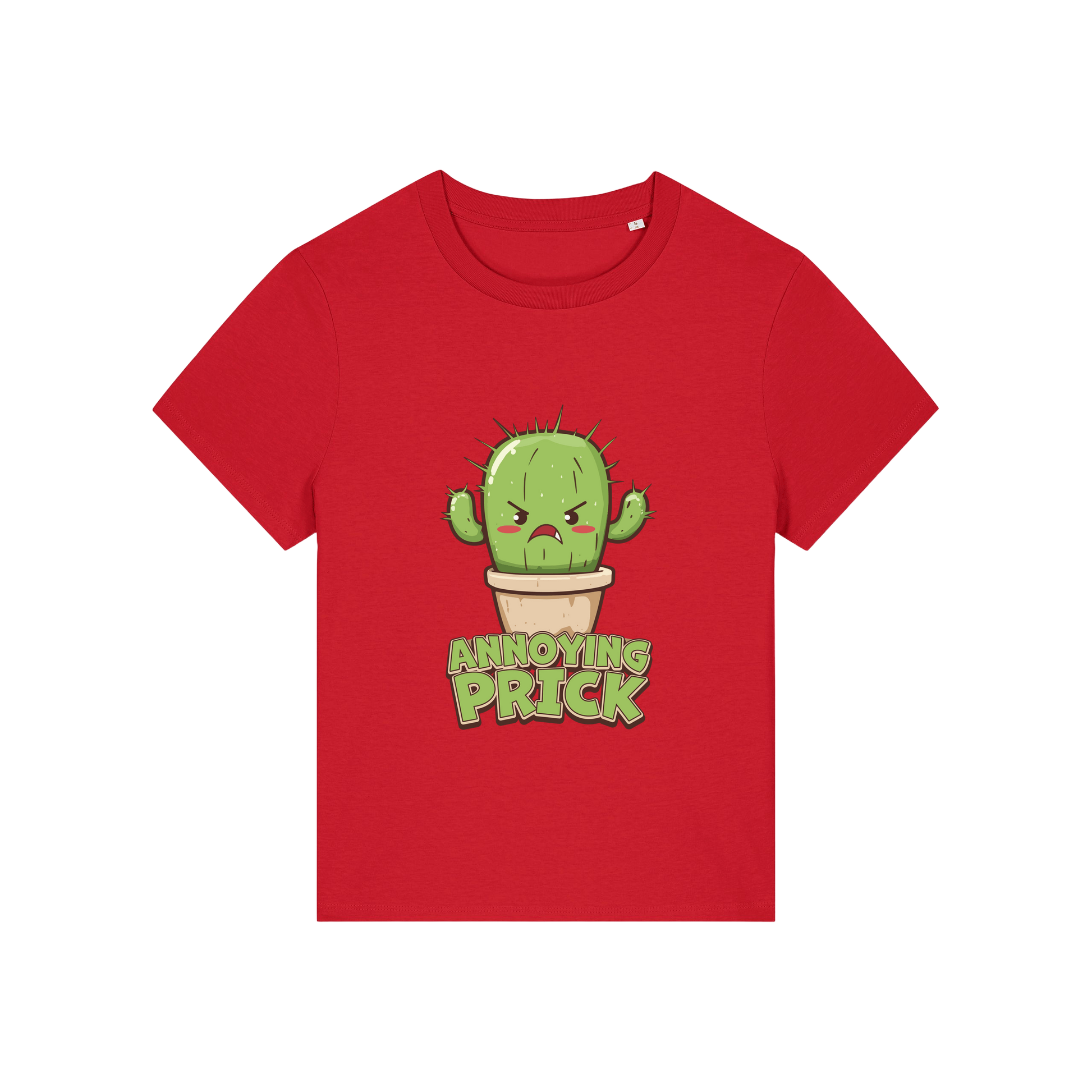 red funny offensive t-shirt with the graphic of a cactus and the slogan 'annoying prick'