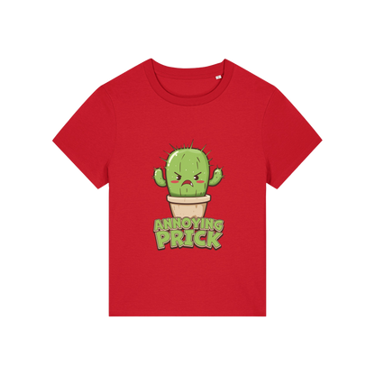 red funny offensive t-shirt with the graphic of a cactus and the slogan 'annoying prick'