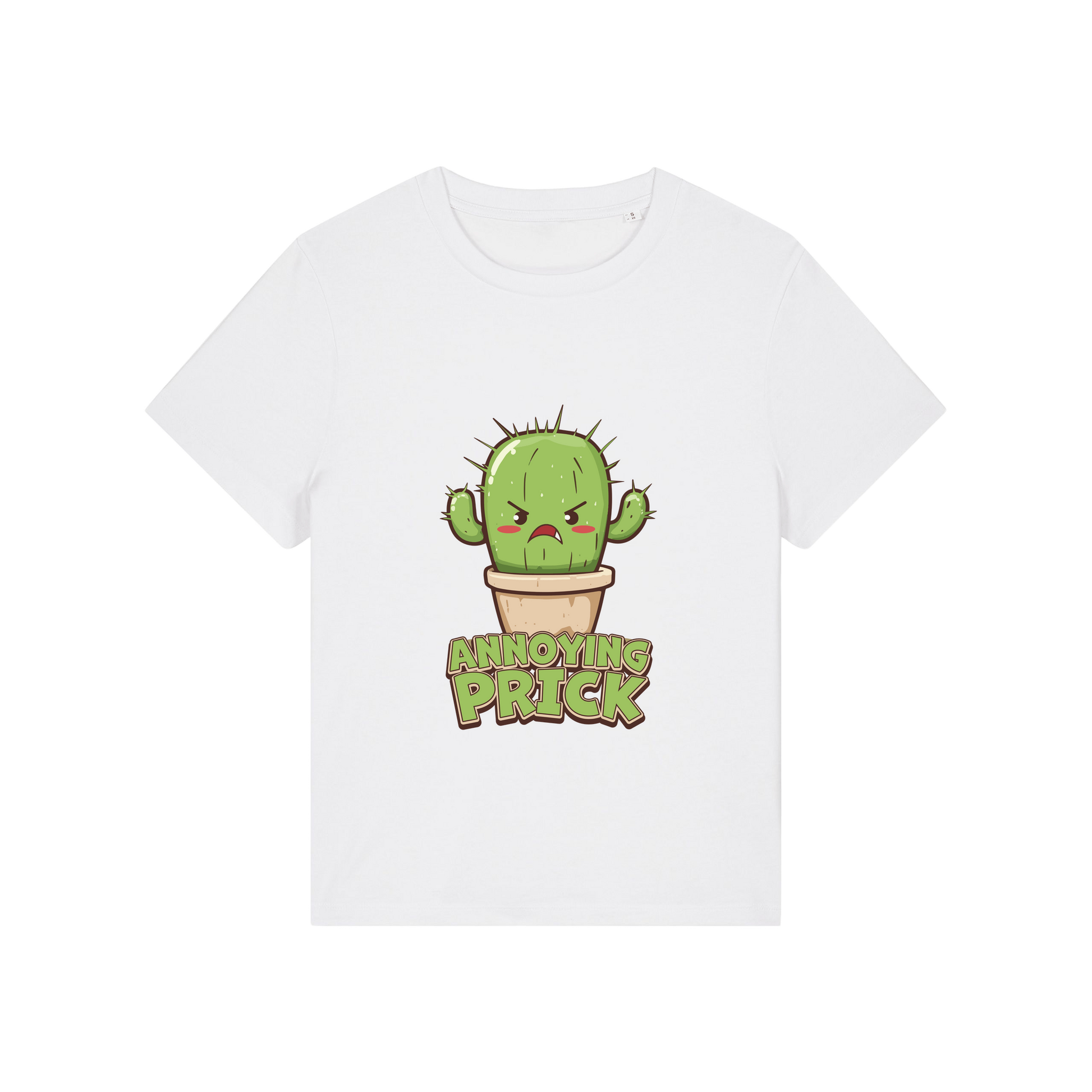 white funny offensive t-shirt with the graphic of a cactus and the slogan 'annoying prick'