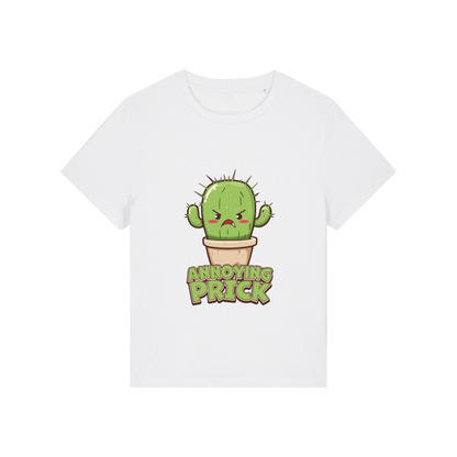 white funny offensive t-shirt with the graphic of a cactus and the slogan 'annoying prick'