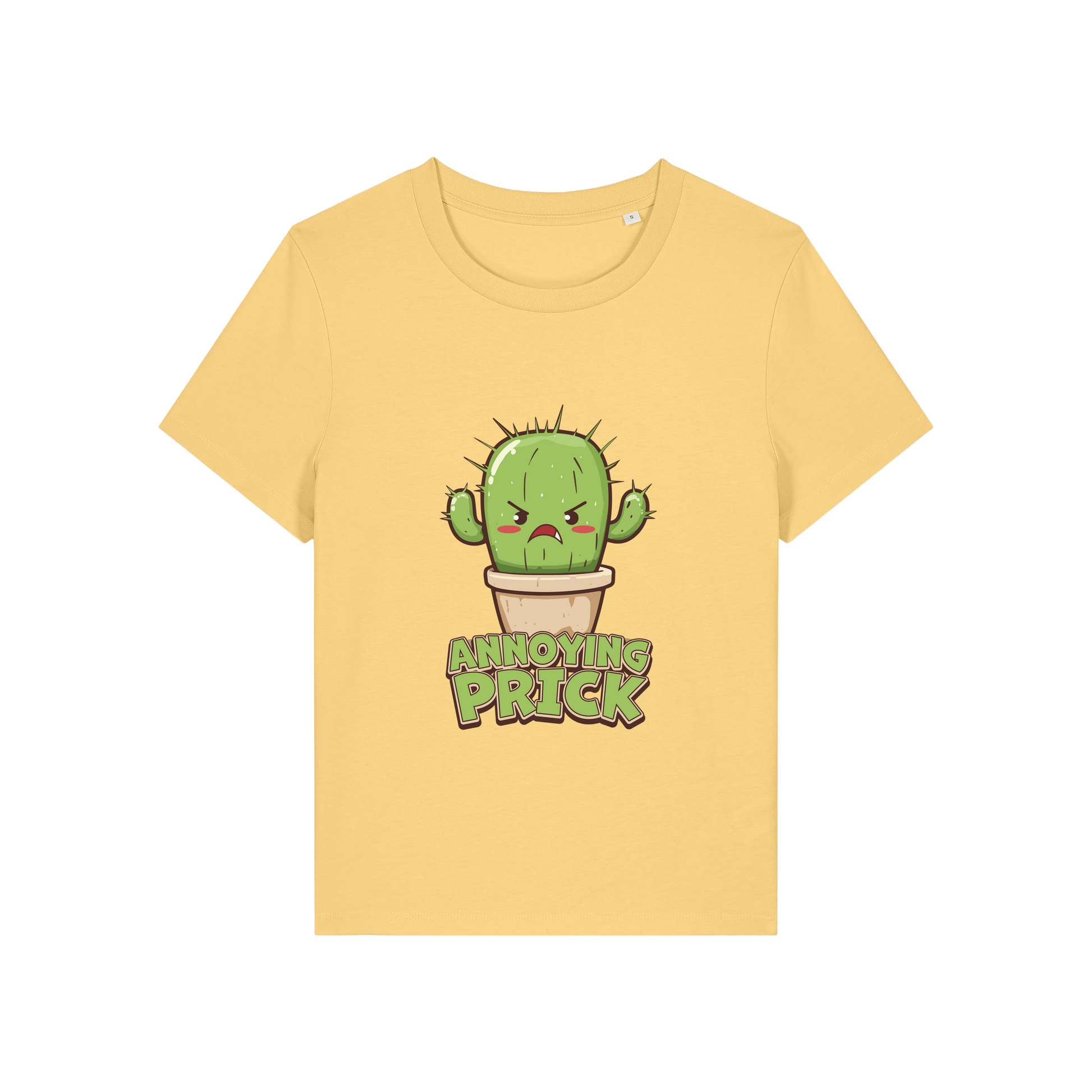 yellow funny offensive t-shirt with the graphic of a cactus and the slogan 'annoying prick'