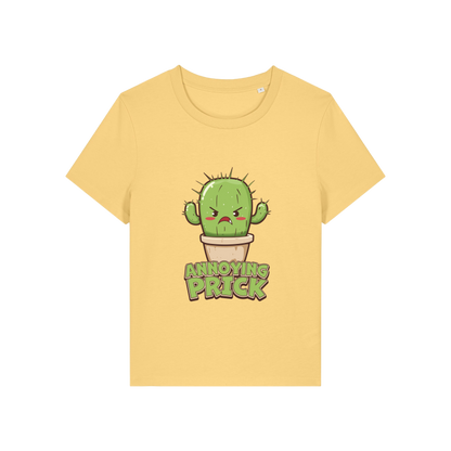 yellow funny offensive t-shirt with the graphic of a cactus and the slogan 'annoying prick'