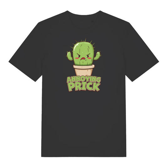 black funny offensive t-shirt with the graphic of a cactus and the slogan 'annoying prick'