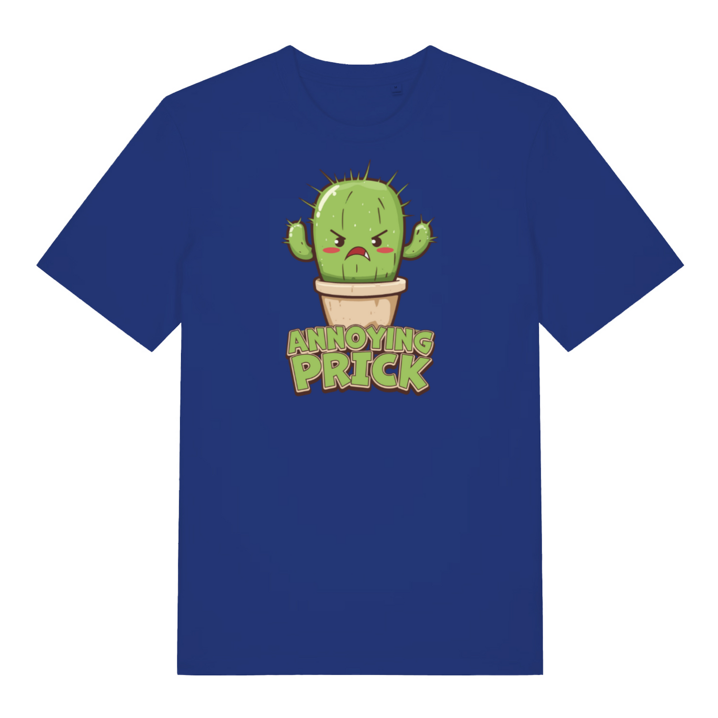 blue funny offensive t-shirt with the graphic of a cactus and the slogan 'annoying prick'