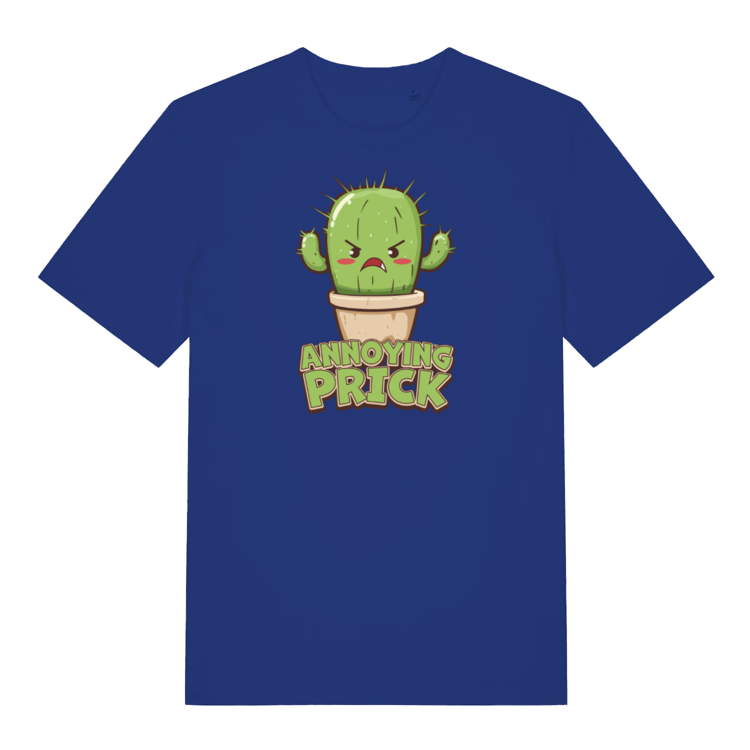 blue funny offensive t-shirt with the graphic of a cactus and the slogan 'annoying prick'